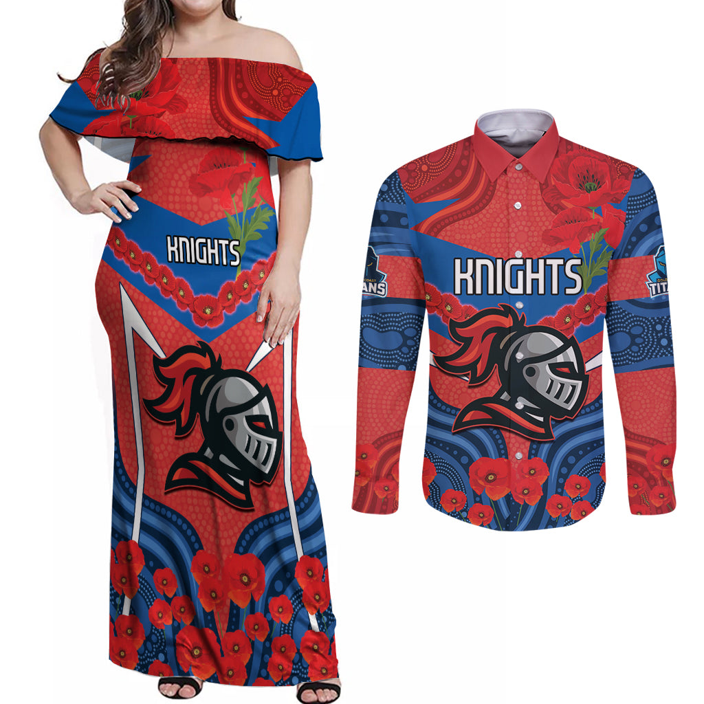 Custom Knights Rugby ANZAC Couples Matching Off Shoulder Maxi Dress and Long Sleeve Button Shirt Novocastrians Gallipoli Soldier With Aboriginal Art