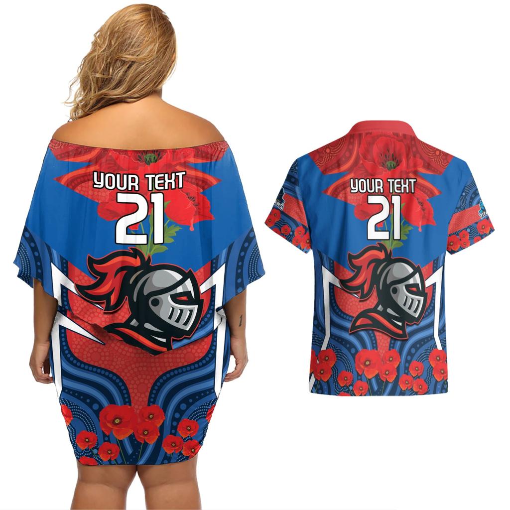 Custom Knights Rugby ANZAC Couples Matching Off Shoulder Short Dress and Hawaiian Shirt Novocastrians Gallipoli Soldier With Aboriginal Art