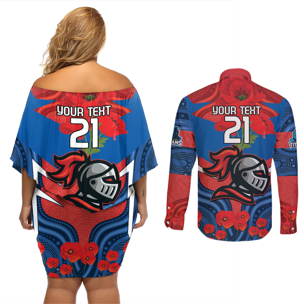 Custom Knights Rugby ANZAC Couples Matching Off Shoulder Short Dress and Long Sleeve Button Shirt Novocastrians Gallipoli Soldier With Aboriginal Art