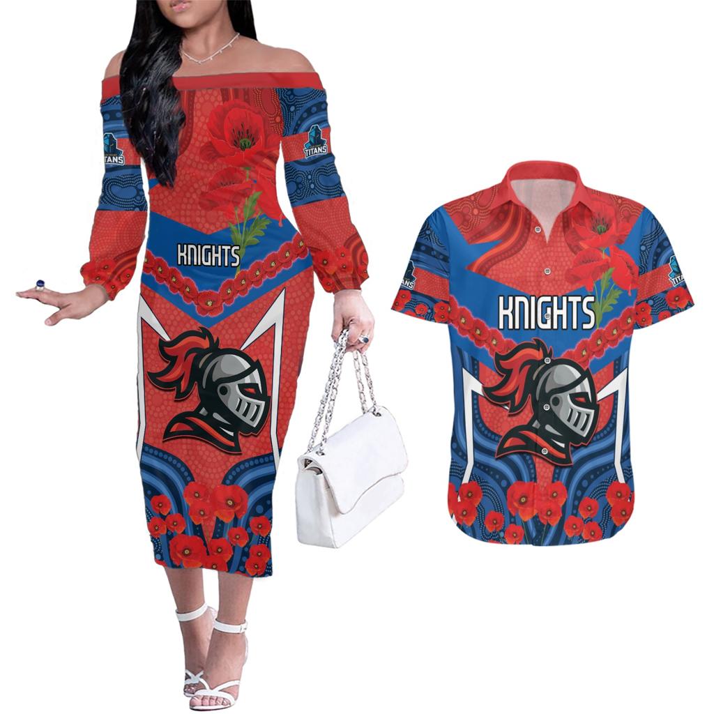 Custom Knights Rugby ANZAC Couples Matching Off The Shoulder Long Sleeve Dress and Hawaiian Shirt Novocastrians Gallipoli Soldier With Aboriginal Art