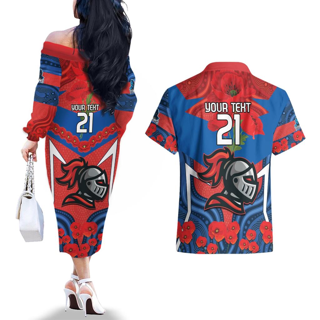 Custom Knights Rugby ANZAC Couples Matching Off The Shoulder Long Sleeve Dress and Hawaiian Shirt Novocastrians Gallipoli Soldier With Aboriginal Art