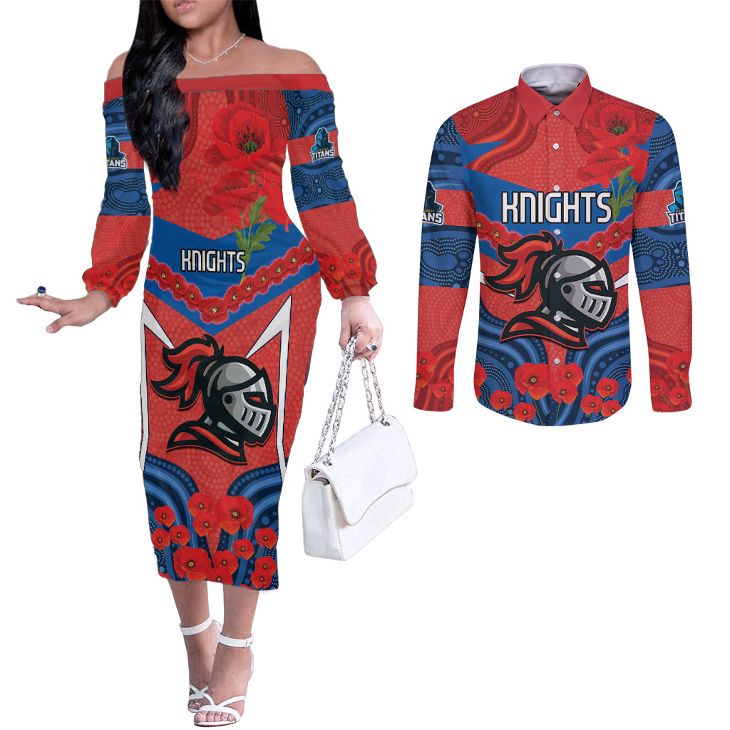 Custom Knights Rugby ANZAC Couples Matching Off The Shoulder Long Sleeve Dress and Long Sleeve Button Shirt Novocastrians Gallipoli Soldier With Aboriginal Art