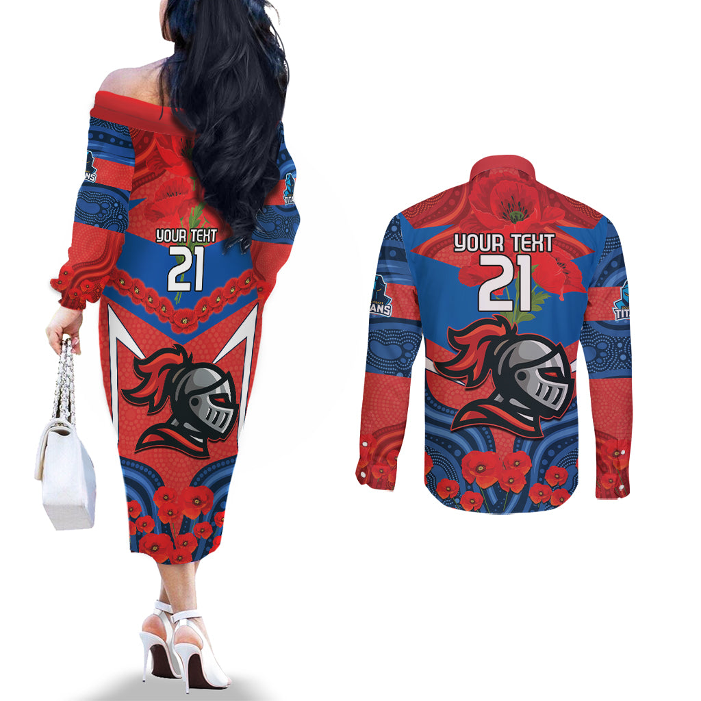 Custom Knights Rugby ANZAC Couples Matching Off The Shoulder Long Sleeve Dress and Long Sleeve Button Shirt Novocastrians Gallipoli Soldier With Aboriginal Art