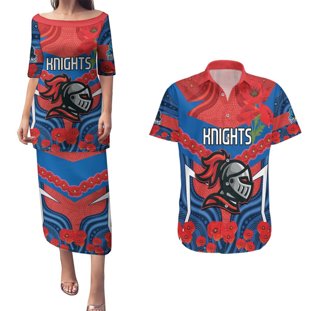 Custom Knights Rugby ANZAC Couples Matching Puletasi and Hawaiian Shirt Novocastrians Gallipoli Soldier With Aboriginal Art