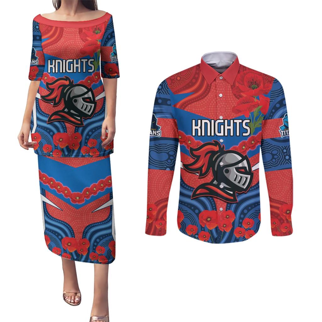 Custom Knights Rugby ANZAC Couples Matching Puletasi and Long Sleeve Button Shirt Novocastrians Gallipoli Soldier With Aboriginal Art