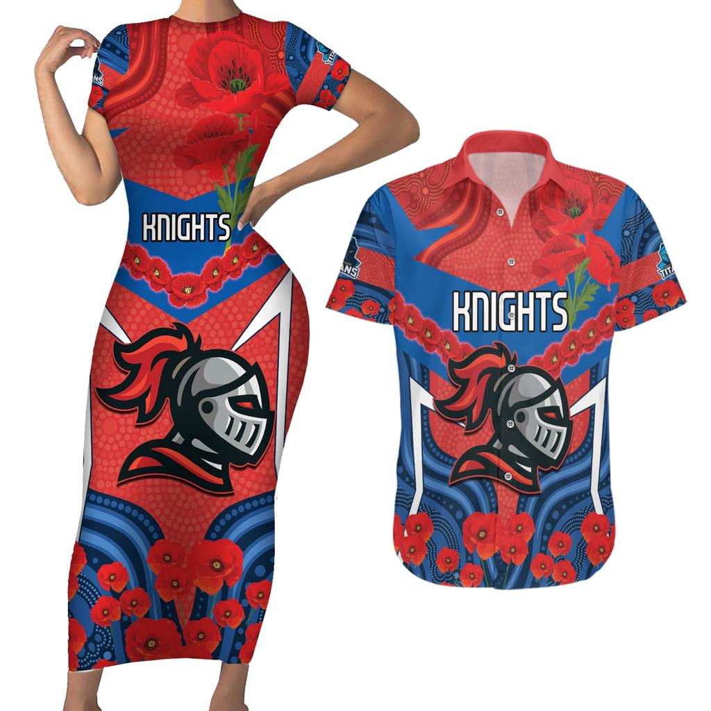 Custom Knights Rugby ANZAC Couples Matching Short Sleeve Bodycon Dress and Hawaiian Shirt Novocastrians Gallipoli Soldier With Aboriginal Art