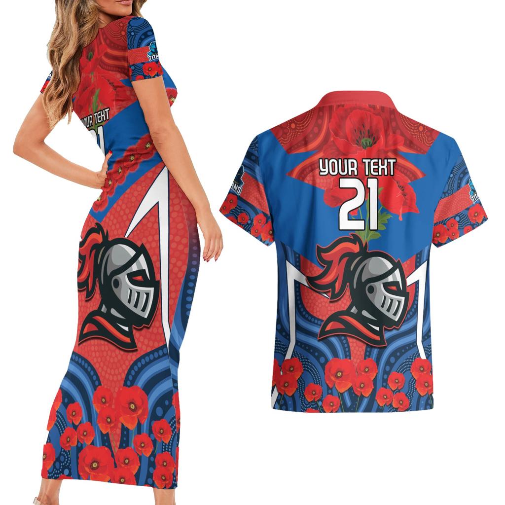 Custom Knights Rugby ANZAC Couples Matching Short Sleeve Bodycon Dress and Hawaiian Shirt Novocastrians Gallipoli Soldier With Aboriginal Art