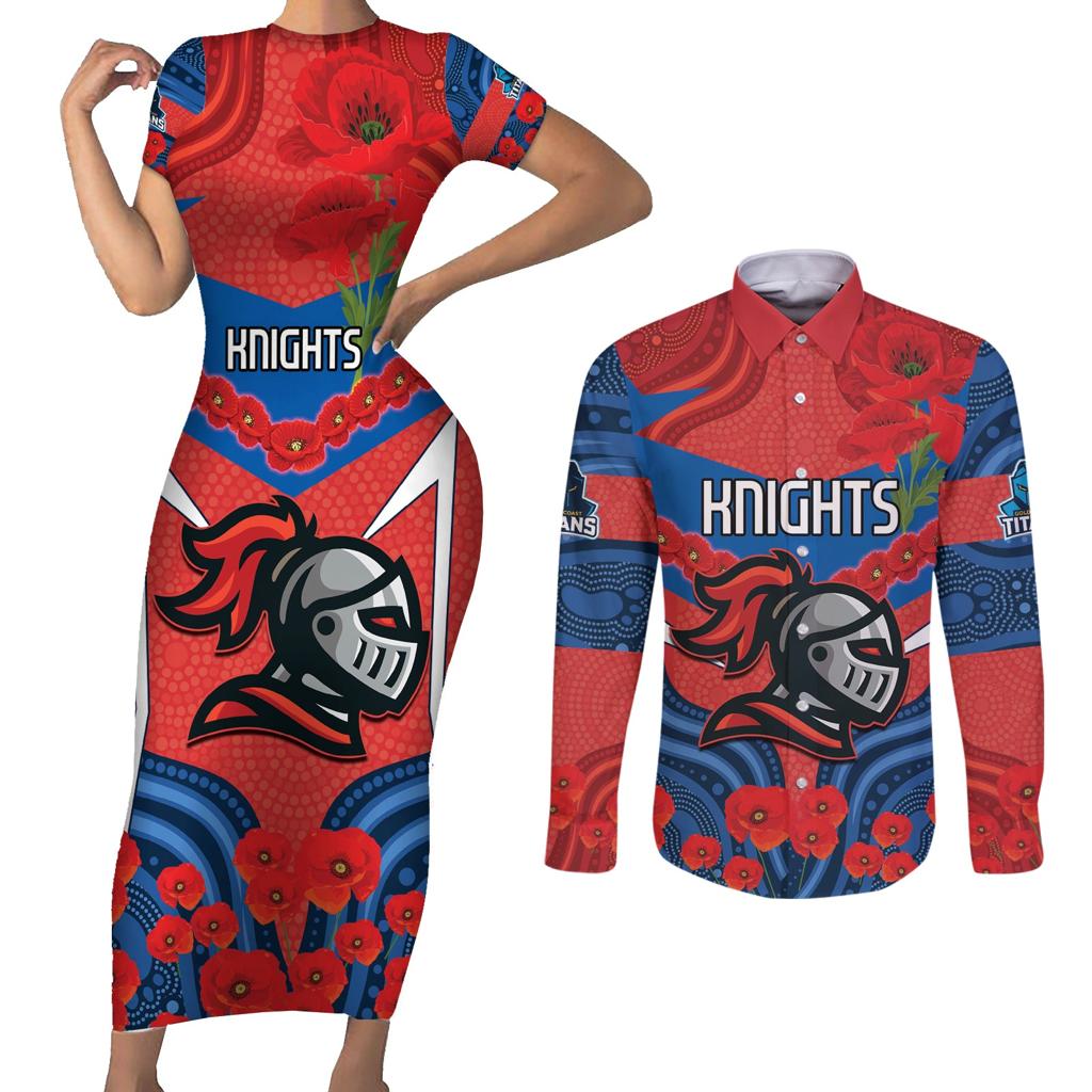 Custom Knights Rugby ANZAC Couples Matching Short Sleeve Bodycon Dress and Long Sleeve Button Shirt Novocastrians Gallipoli Soldier With Aboriginal Art