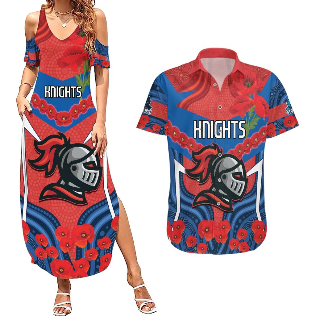 Custom Knights Rugby ANZAC Couples Matching Summer Maxi Dress and Hawaiian Shirt Novocastrians Gallipoli Soldier With Aboriginal Art