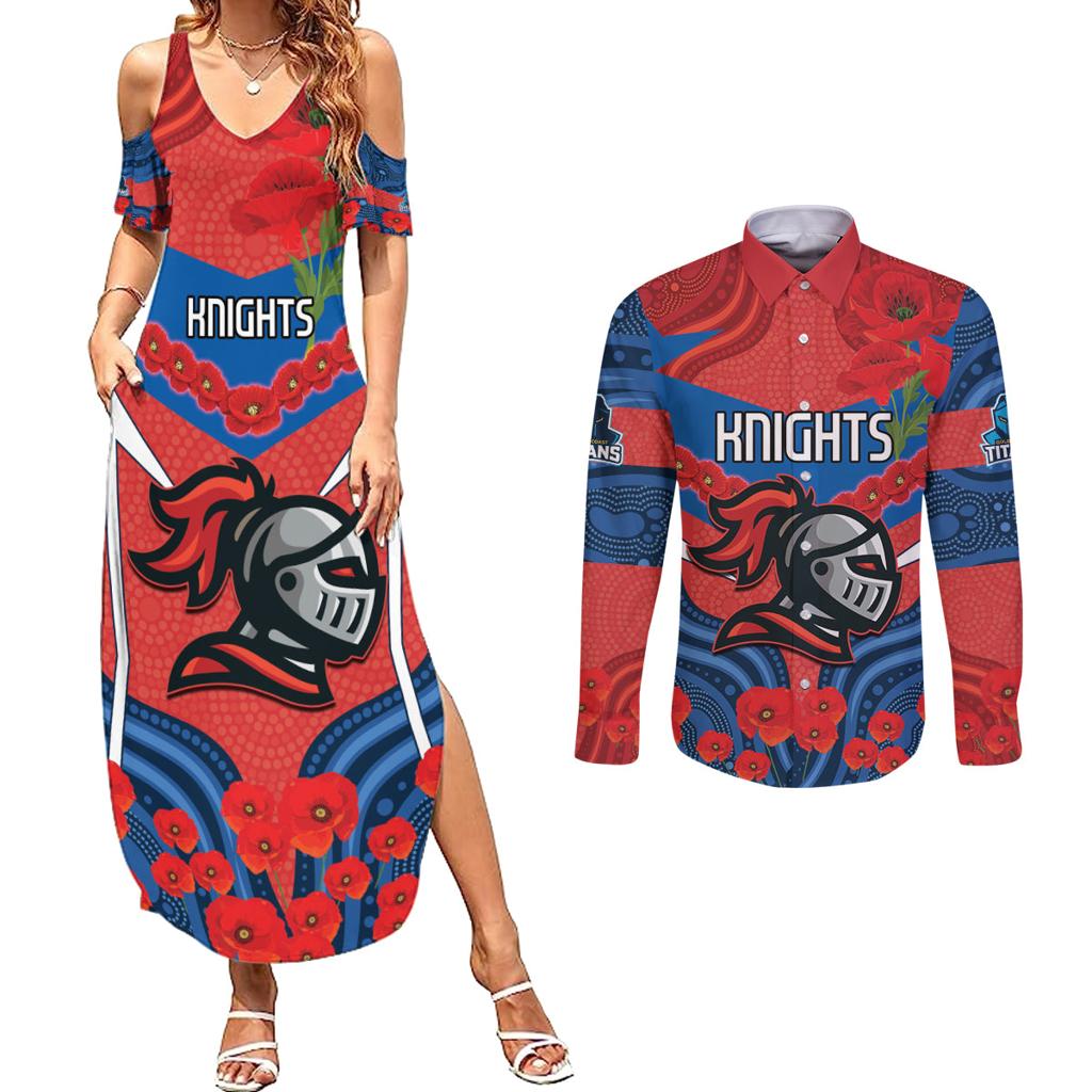 Custom Knights Rugby ANZAC Couples Matching Summer Maxi Dress and Long Sleeve Button Shirt Novocastrians Gallipoli Soldier With Aboriginal Art