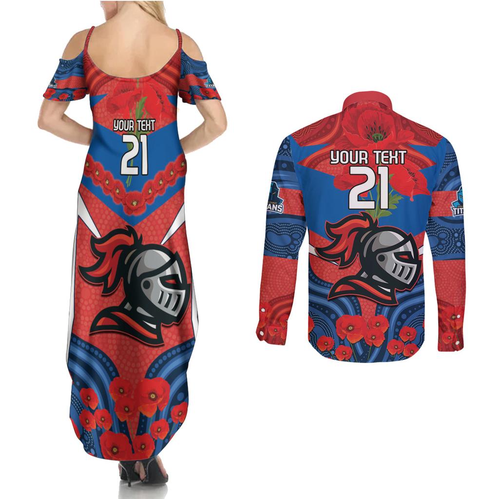 Custom Knights Rugby ANZAC Couples Matching Summer Maxi Dress and Long Sleeve Button Shirt Novocastrians Gallipoli Soldier With Aboriginal Art