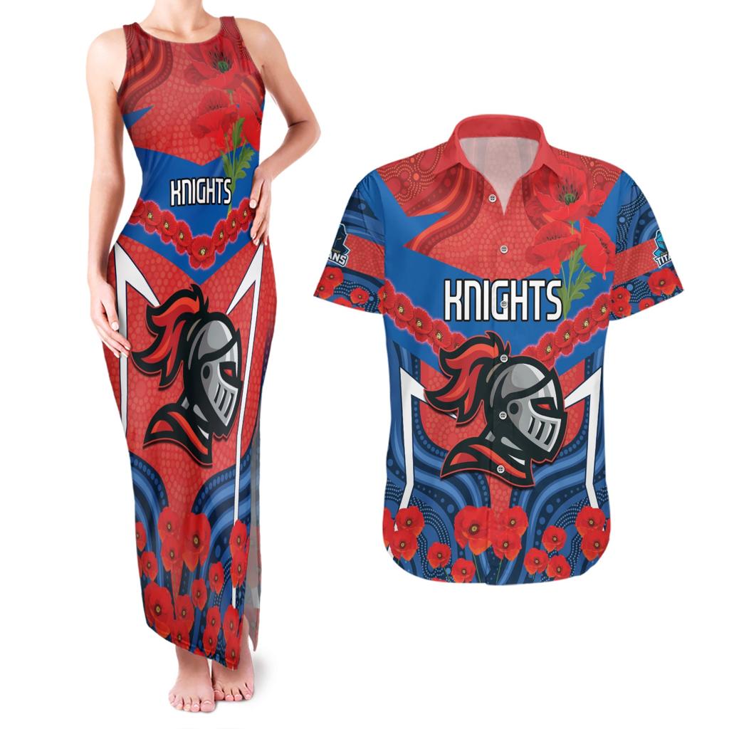 Custom Knights Rugby ANZAC Couples Matching Tank Maxi Dress and Hawaiian Shirt Novocastrians Gallipoli Soldier With Aboriginal Art