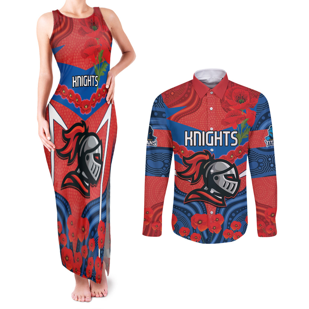 Custom Knights Rugby ANZAC Couples Matching Tank Maxi Dress and Long Sleeve Button Shirt Novocastrians Gallipoli Soldier With Aboriginal Art