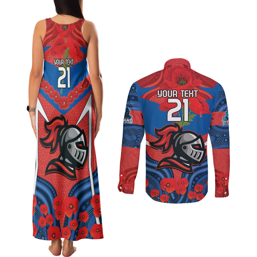 Custom Knights Rugby ANZAC Couples Matching Tank Maxi Dress and Long Sleeve Button Shirt Novocastrians Gallipoli Soldier With Aboriginal Art