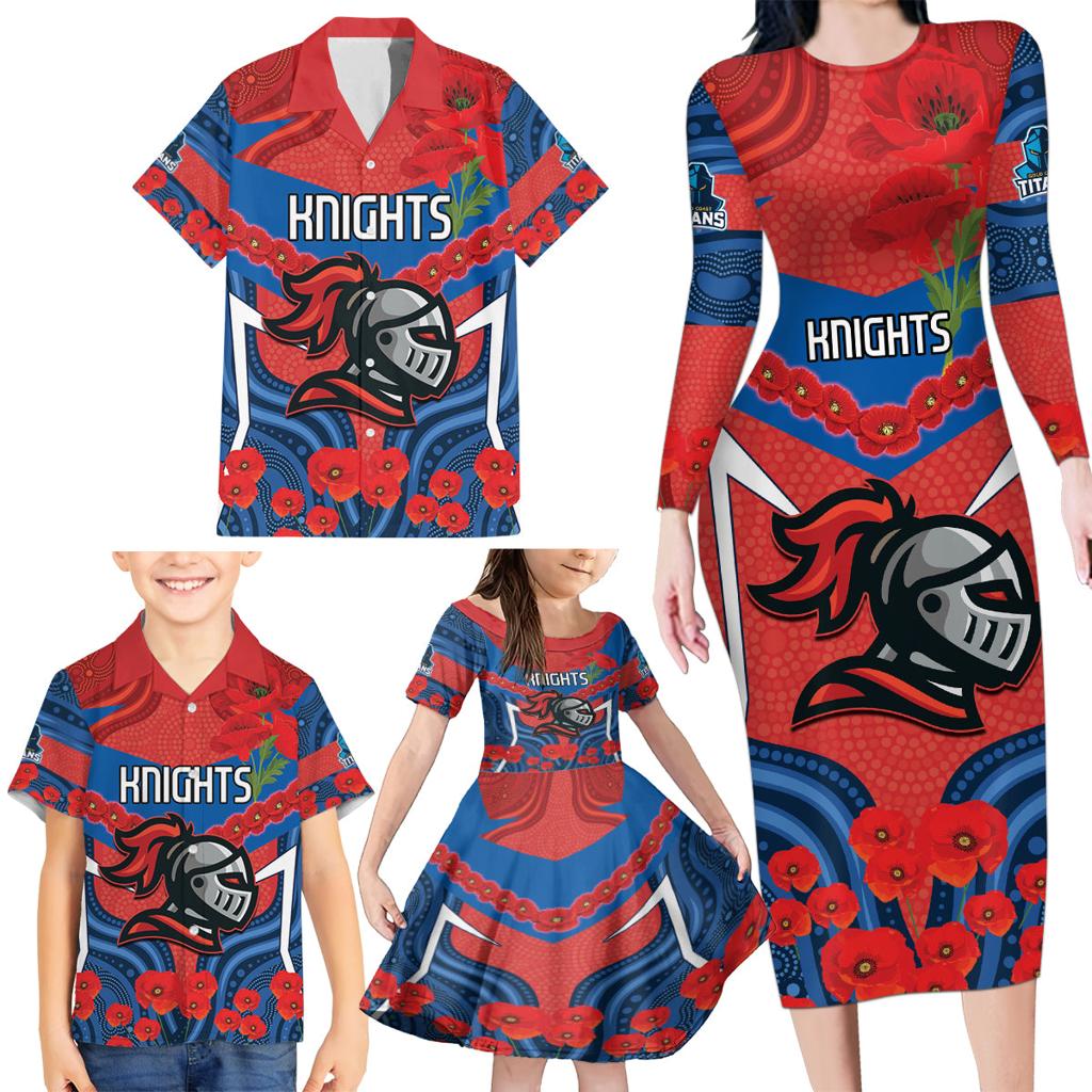 Custom Knights Rugby ANZAC Family Matching Long Sleeve Bodycon Dress and Hawaiian Shirt Novocastrians Gallipoli Soldier With Aboriginal Art