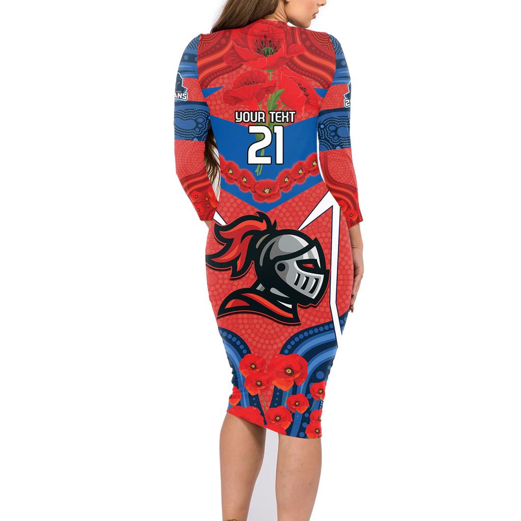 Custom Knights Rugby ANZAC Family Matching Long Sleeve Bodycon Dress and Hawaiian Shirt Novocastrians Gallipoli Soldier With Aboriginal Art