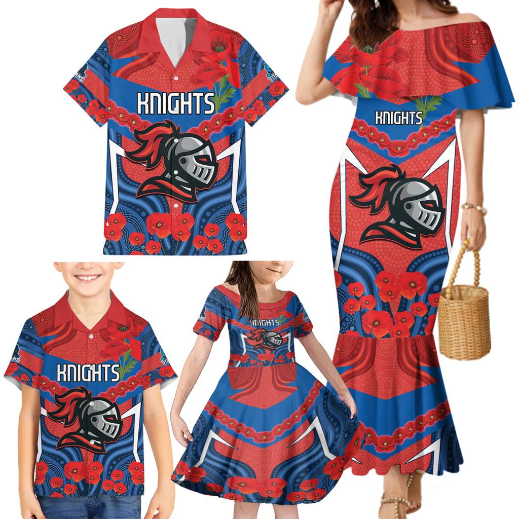 Custom Knights Rugby ANZAC Family Matching Mermaid Dress and Hawaiian Shirt Novocastrians Gallipoli Soldier With Aboriginal Art