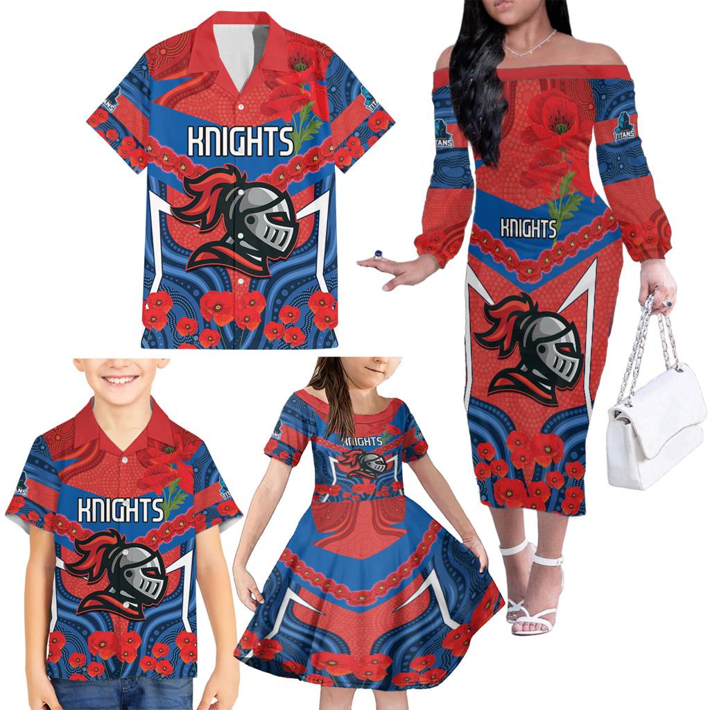 Custom Knights Rugby ANZAC Family Matching Off The Shoulder Long Sleeve Dress and Hawaiian Shirt Novocastrians Gallipoli Soldier With Aboriginal Art