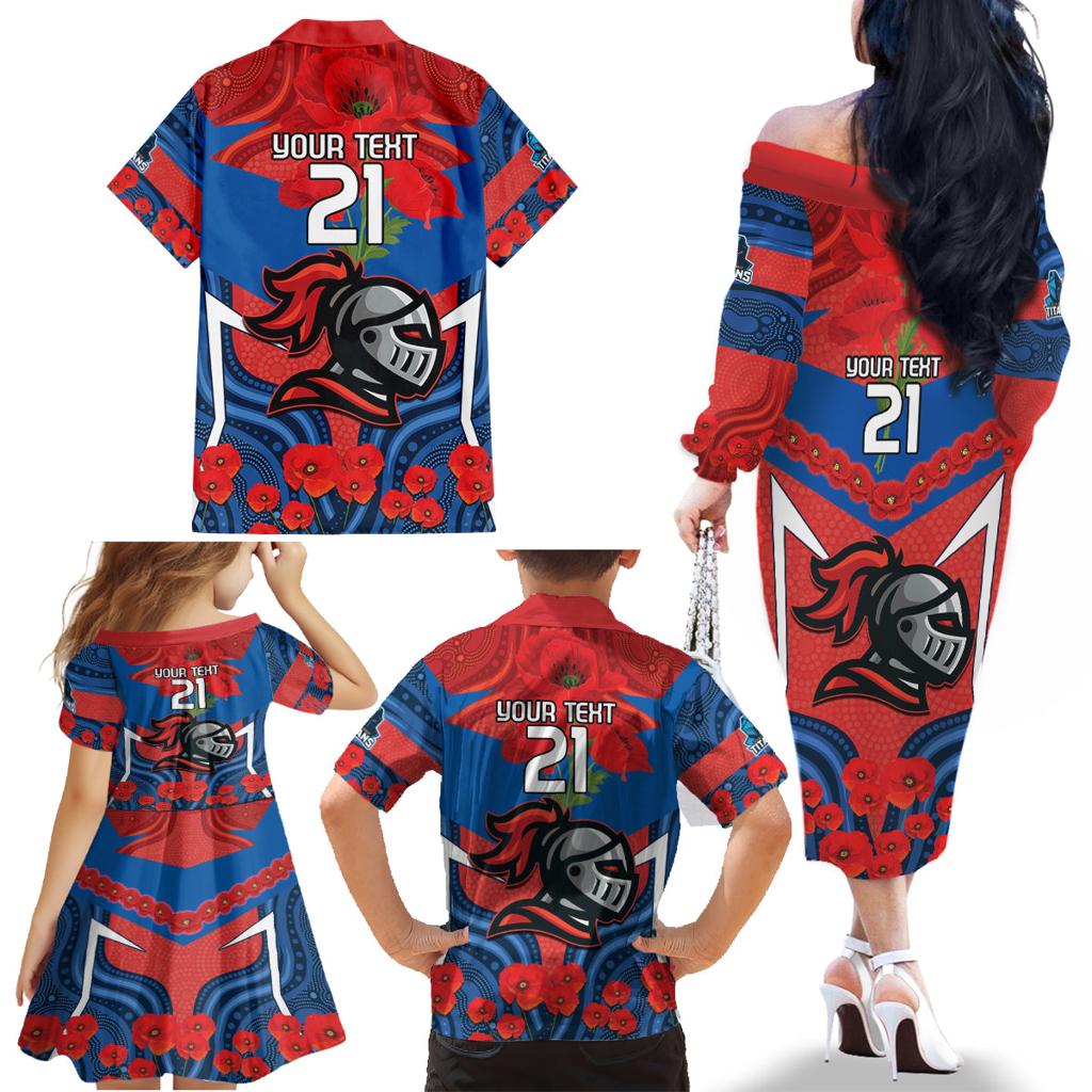 Custom Knights Rugby ANZAC Family Matching Off The Shoulder Long Sleeve Dress and Hawaiian Shirt Novocastrians Gallipoli Soldier With Aboriginal Art