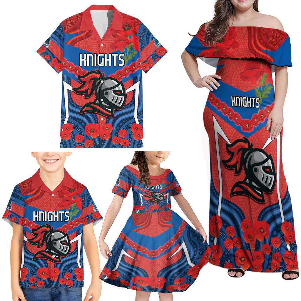 Custom Knights Rugby ANZAC Family Matching Off Shoulder Maxi Dress and Hawaiian Shirt Novocastrians Gallipoli Soldier With Aboriginal Art