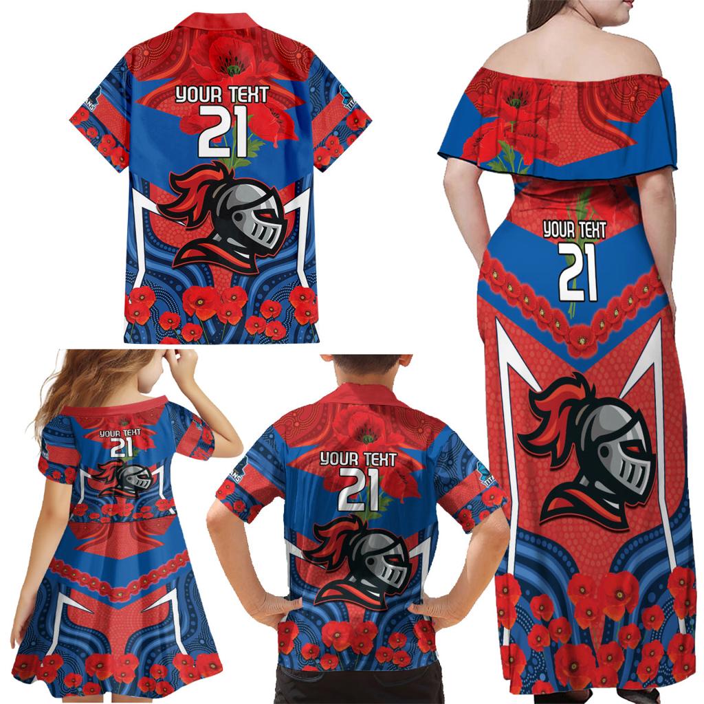 Custom Knights Rugby ANZAC Family Matching Off Shoulder Maxi Dress and Hawaiian Shirt Novocastrians Gallipoli Soldier With Aboriginal Art