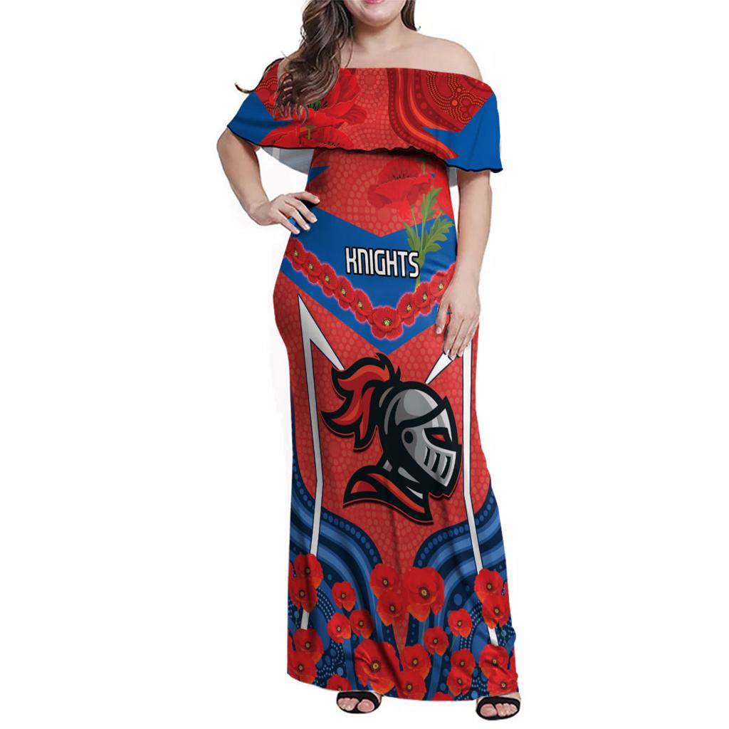 Custom Knights Rugby ANZAC Family Matching Off Shoulder Maxi Dress and Hawaiian Shirt Novocastrians Gallipoli Soldier With Aboriginal Art