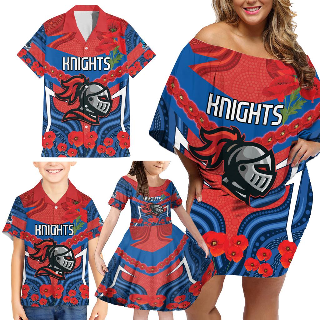 Custom Knights Rugby ANZAC Family Matching Off Shoulder Short Dress and Hawaiian Shirt Novocastrians Gallipoli Soldier With Aboriginal Art