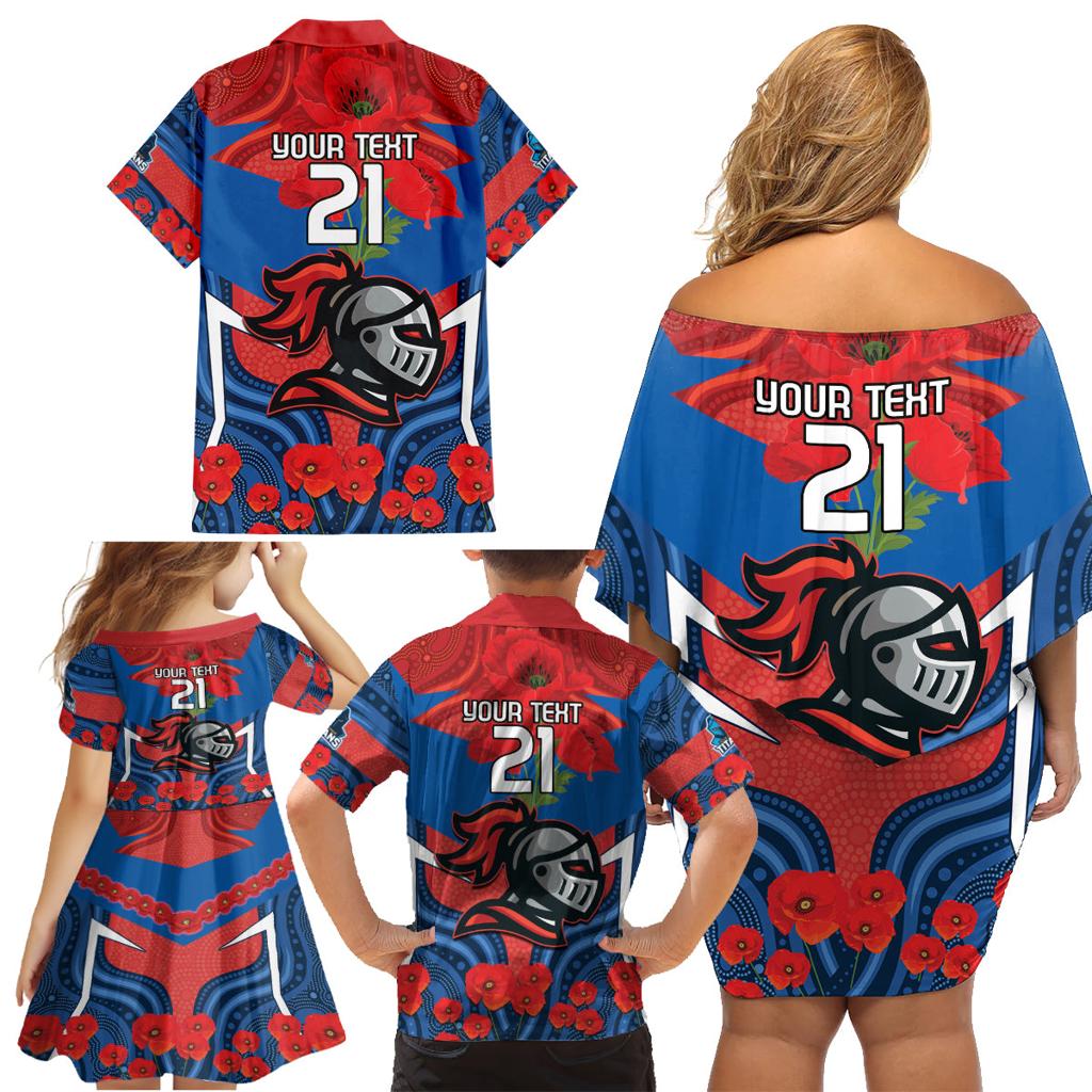 Custom Knights Rugby ANZAC Family Matching Off Shoulder Short Dress and Hawaiian Shirt Novocastrians Gallipoli Soldier With Aboriginal Art