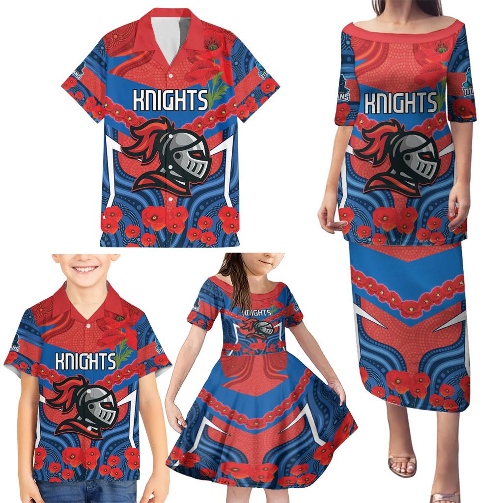 Custom Knights Rugby ANZAC Family Matching Puletasi and Hawaiian Shirt Novocastrians Gallipoli Soldier With Aboriginal Art