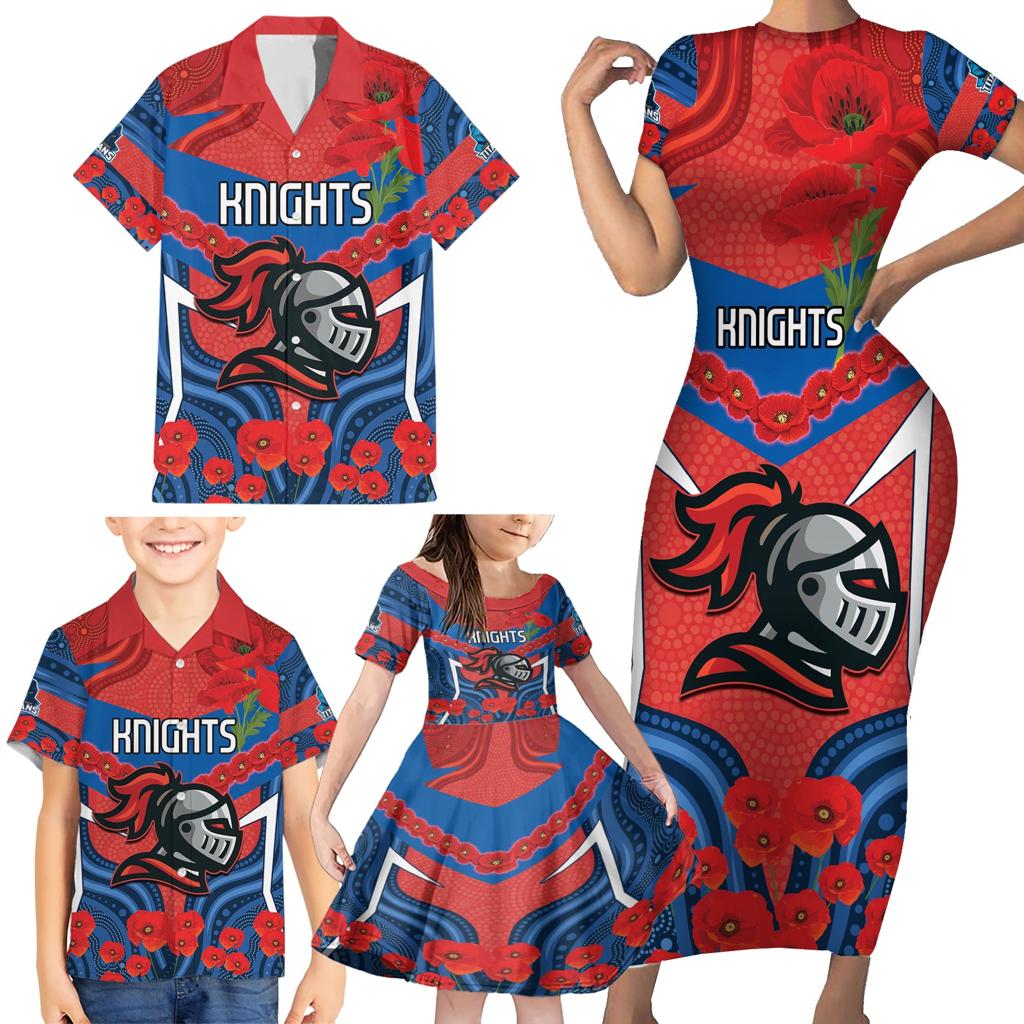 Custom Knights Rugby ANZAC Family Matching Short Sleeve Bodycon Dress and Hawaiian Shirt Novocastrians Gallipoli Soldier With Aboriginal Art