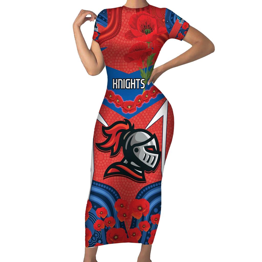 Custom Knights Rugby ANZAC Family Matching Short Sleeve Bodycon Dress and Hawaiian Shirt Novocastrians Gallipoli Soldier With Aboriginal Art