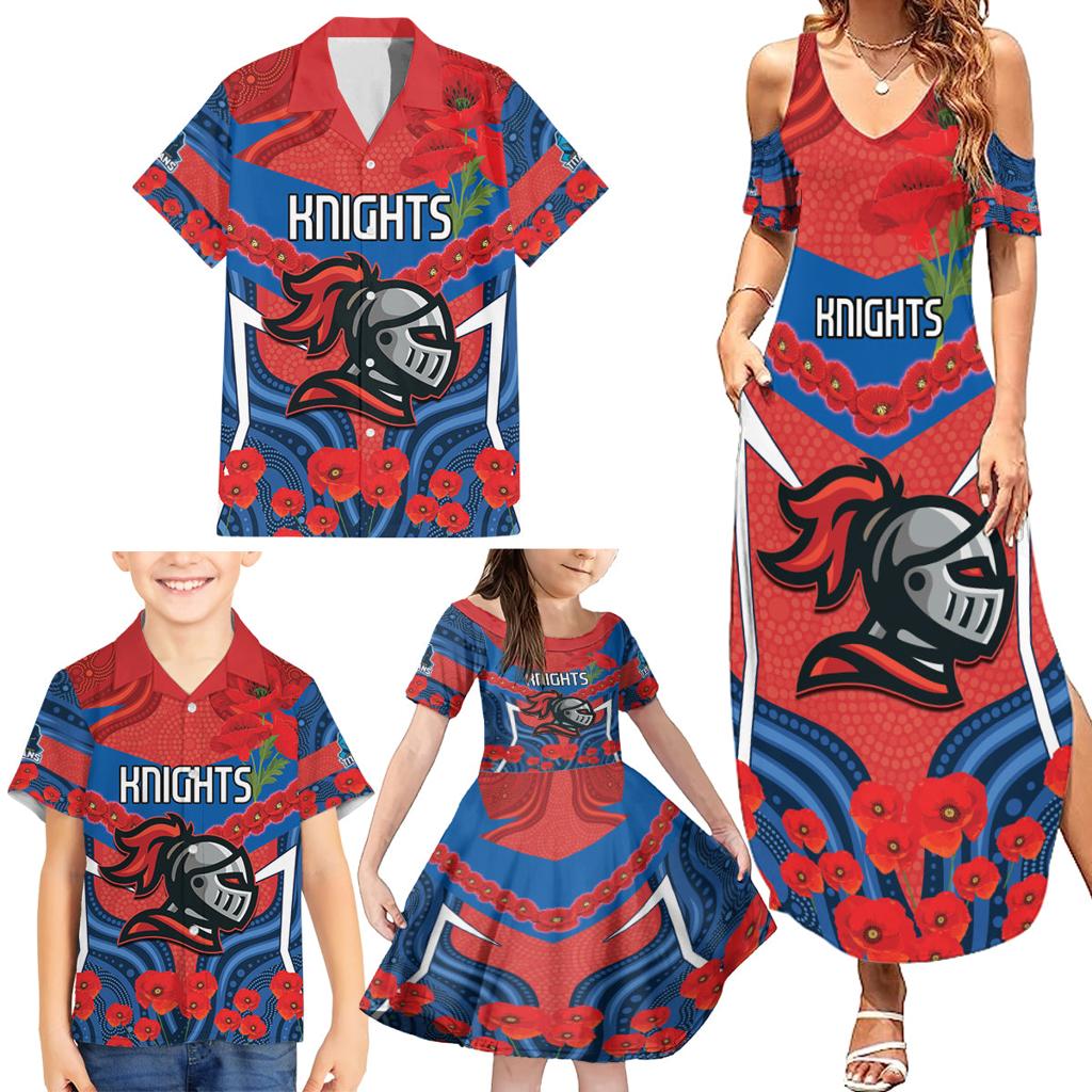 Custom Knights Rugby ANZAC Family Matching Summer Maxi Dress and Hawaiian Shirt Novocastrians Gallipoli Soldier With Aboriginal Art