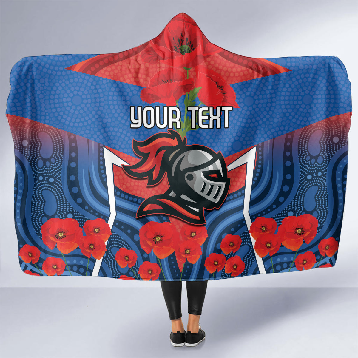 Custom Knights Rugby ANZAC Hooded Blanket Novocastrians Gallipoli Soldier With Aboriginal Art