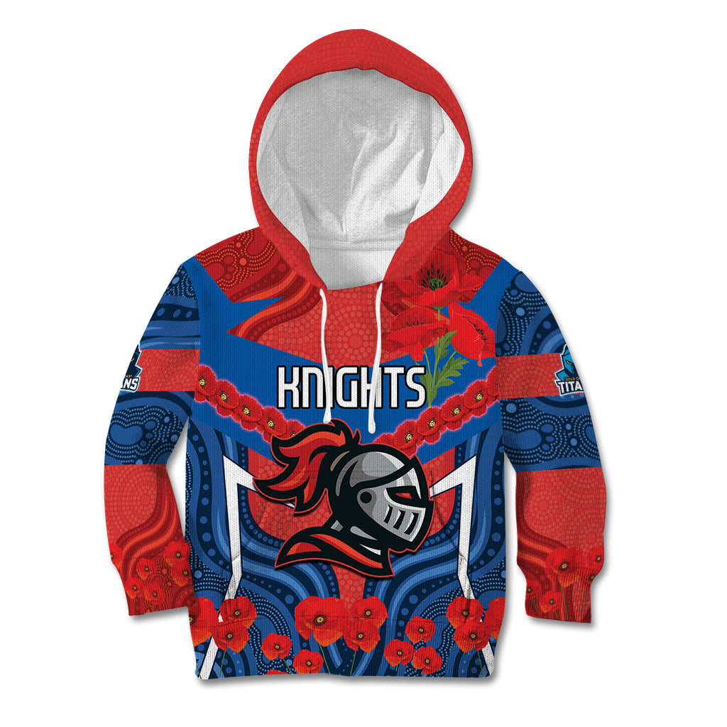 Custom Knights Rugby ANZAC Kid Hoodie Novocastrians Gallipoli Soldier With Aboriginal Art