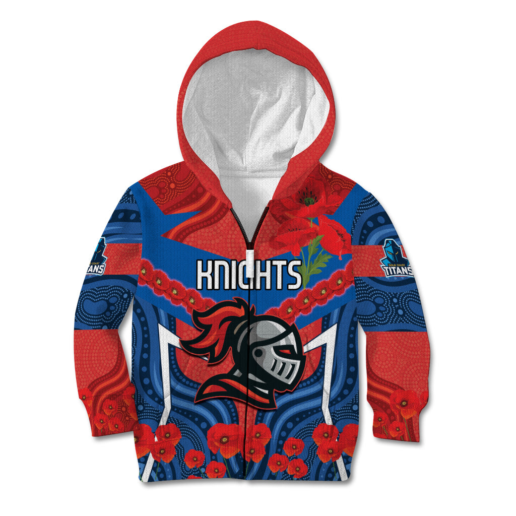 Custom Knights Rugby ANZAC Kid Hoodie Novocastrians Gallipoli Soldier With Aboriginal Art