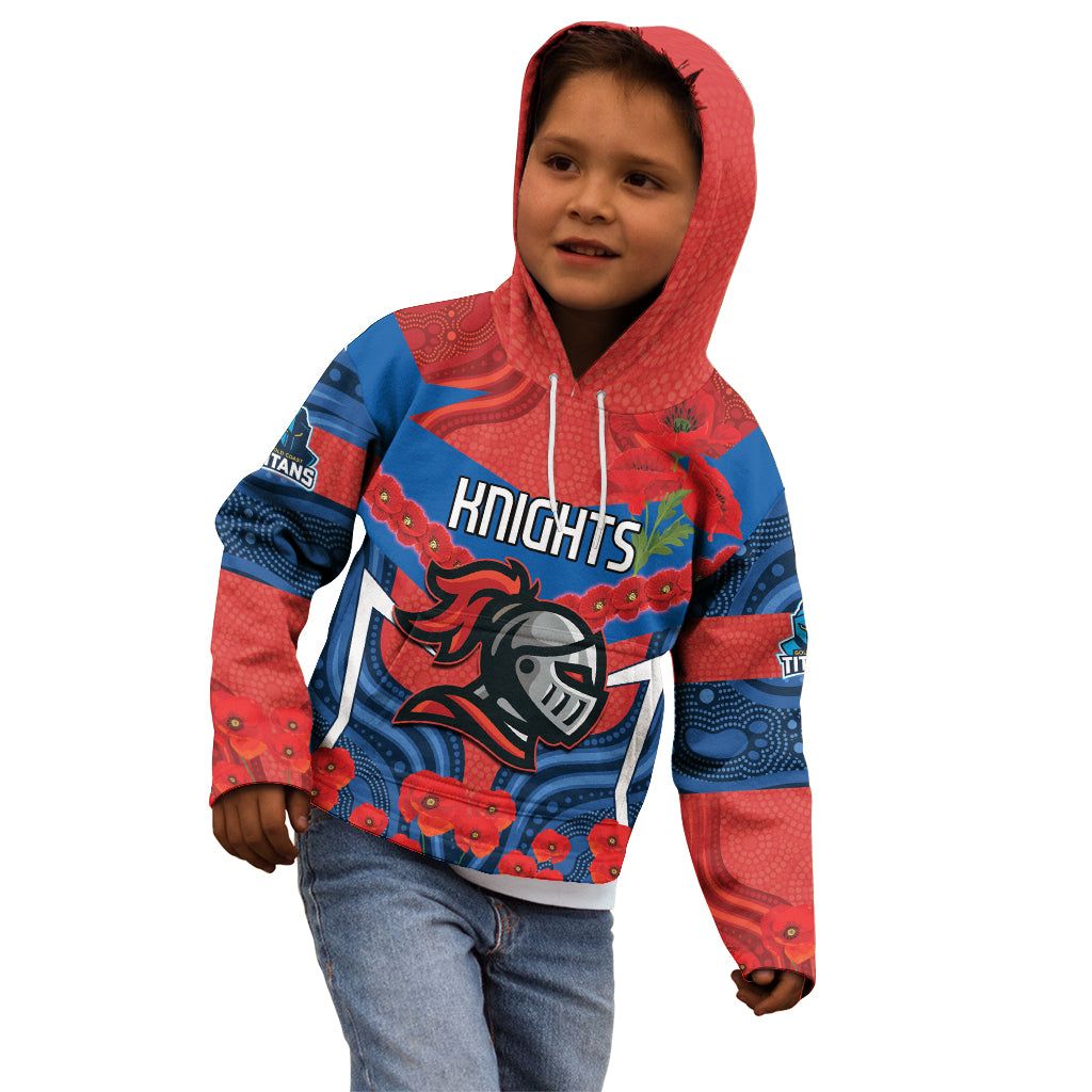 Custom Knights Rugby ANZAC Kid Hoodie Novocastrians Gallipoli Soldier With Aboriginal Art