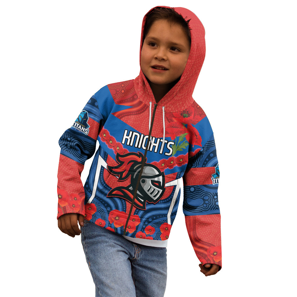 Custom Knights Rugby ANZAC Kid Hoodie Novocastrians Gallipoli Soldier With Aboriginal Art