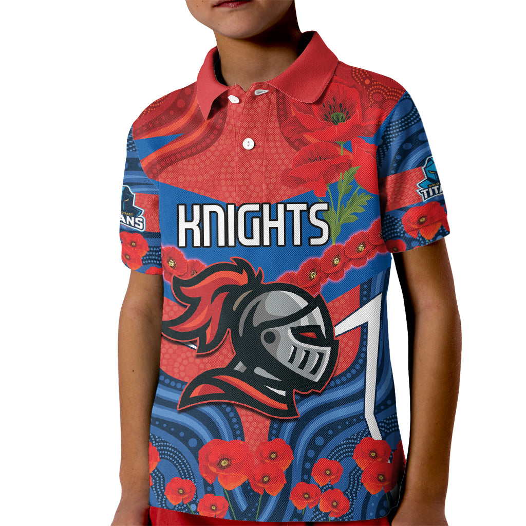 Custom Knights Rugby ANZAC Kid Polo Shirt Novocastrians Gallipoli Soldier With Aboriginal Art