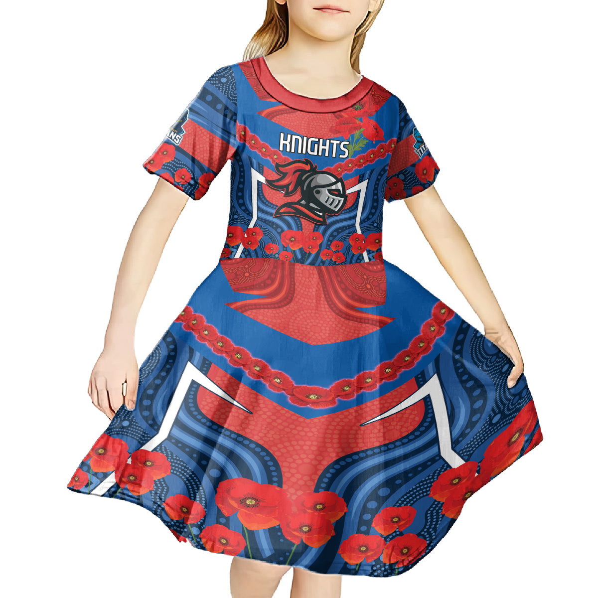 Custom Knights Rugby ANZAC Kid Short Sleeve Dress Novocastrians Gallipoli Soldier With Aboriginal Art