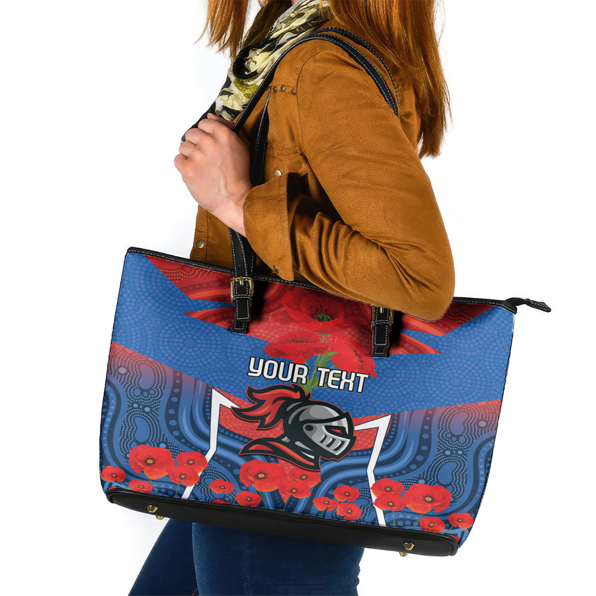 Custom Knights Rugby ANZAC Leather Tote Bag Novocastrians Gallipoli Soldier With Aboriginal Art