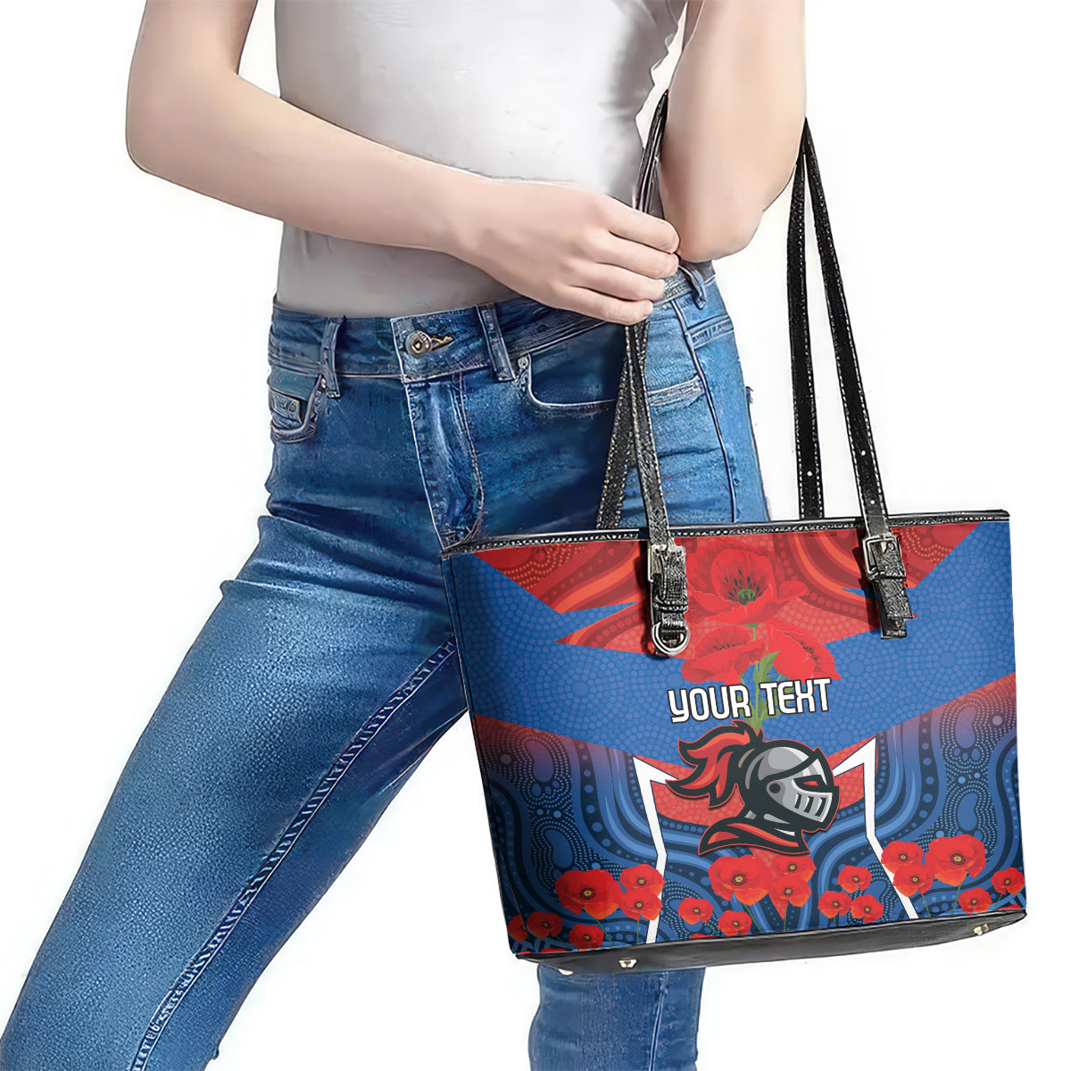 Custom Knights Rugby ANZAC Leather Tote Bag Novocastrians Gallipoli Soldier With Aboriginal Art