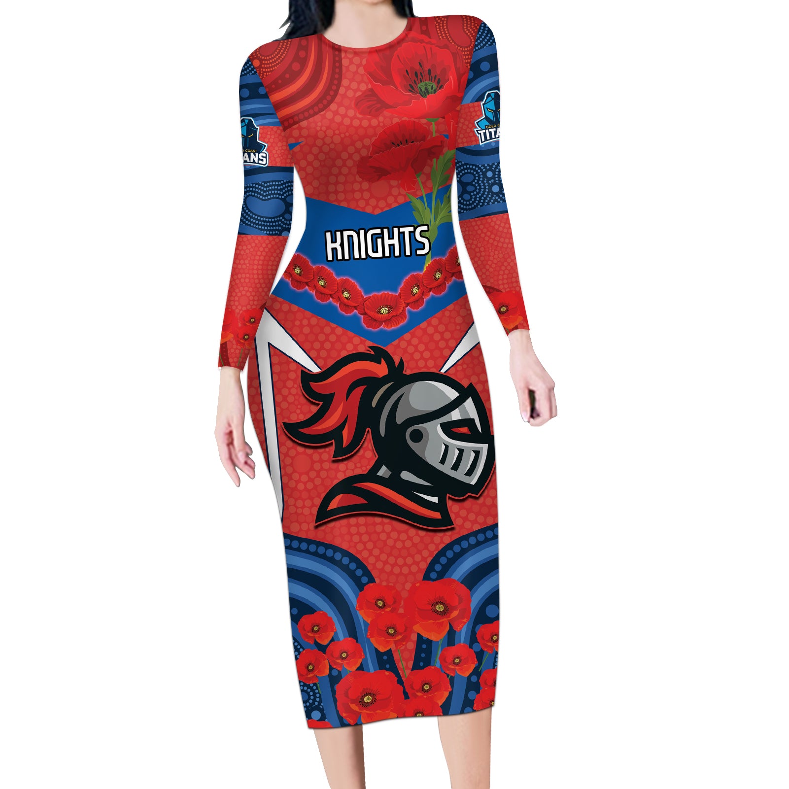 Custom Knights Rugby ANZAC Long Sleeve Bodycon Dress Novocastrians Gallipoli Soldier With Aboriginal Art