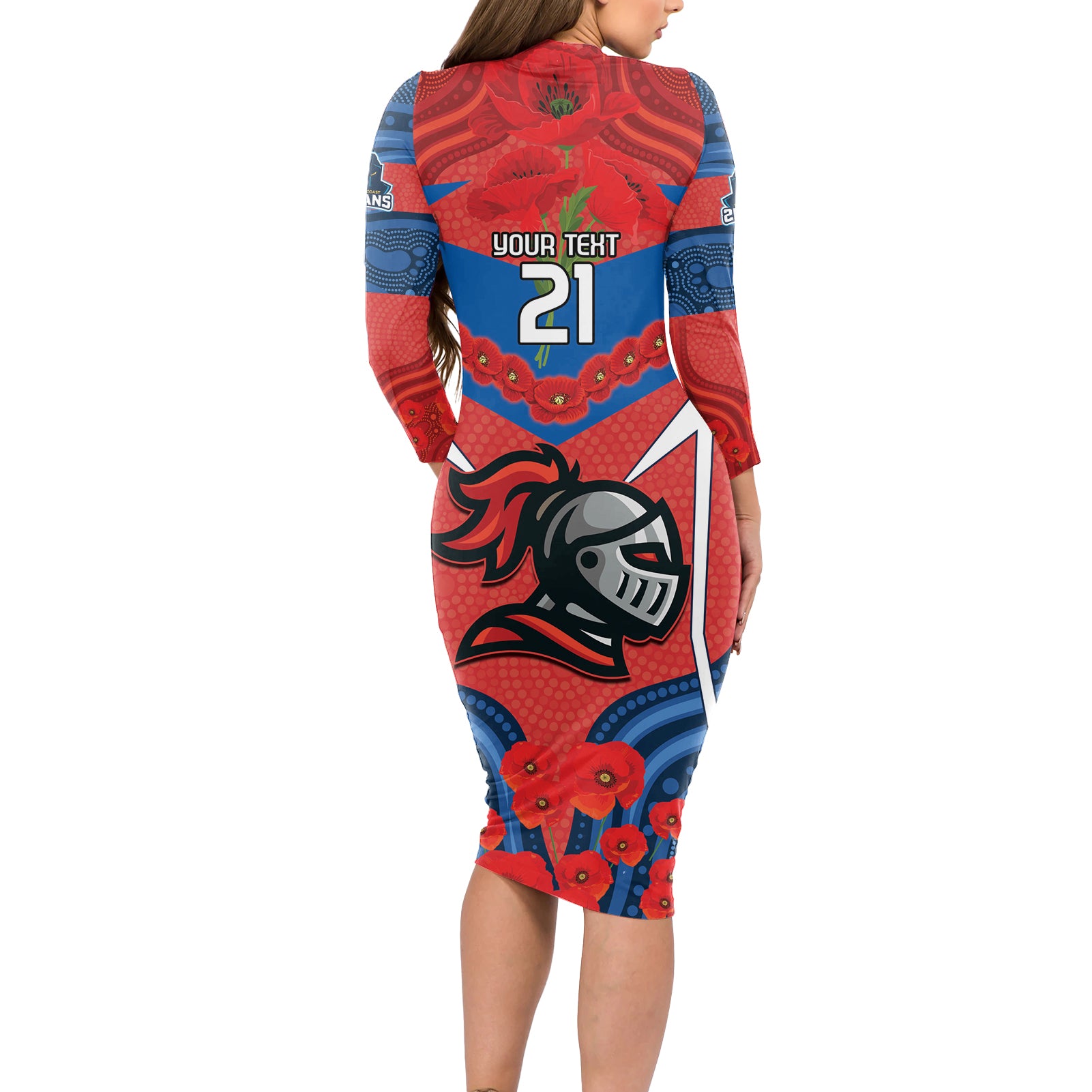 Custom Knights Rugby ANZAC Long Sleeve Bodycon Dress Novocastrians Gallipoli Soldier With Aboriginal Art