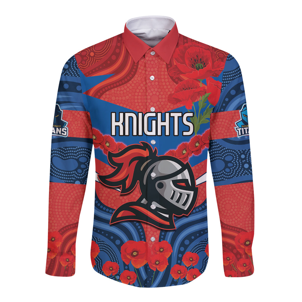 Custom Knights Rugby ANZAC Long Sleeve Button Shirt Novocastrians Gallipoli Soldier With Aboriginal Art