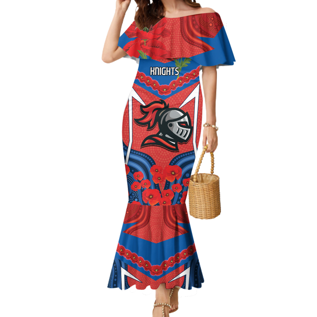 Custom Knights Rugby ANZAC Mermaid Dress Novocastrians Gallipoli Soldier With Aboriginal Art