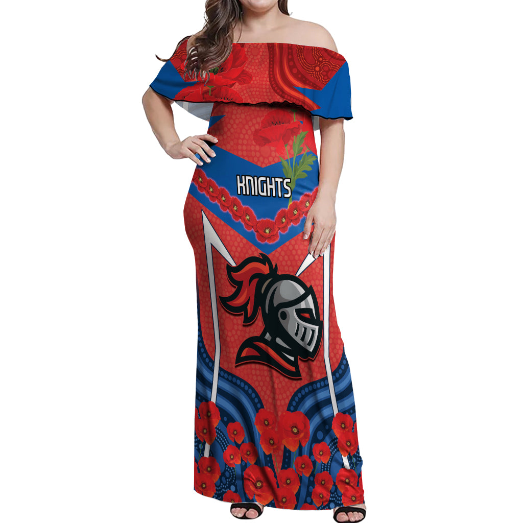 Custom Knights Rugby ANZAC Off Shoulder Maxi Dress Novocastrians Gallipoli Soldier With Aboriginal Art