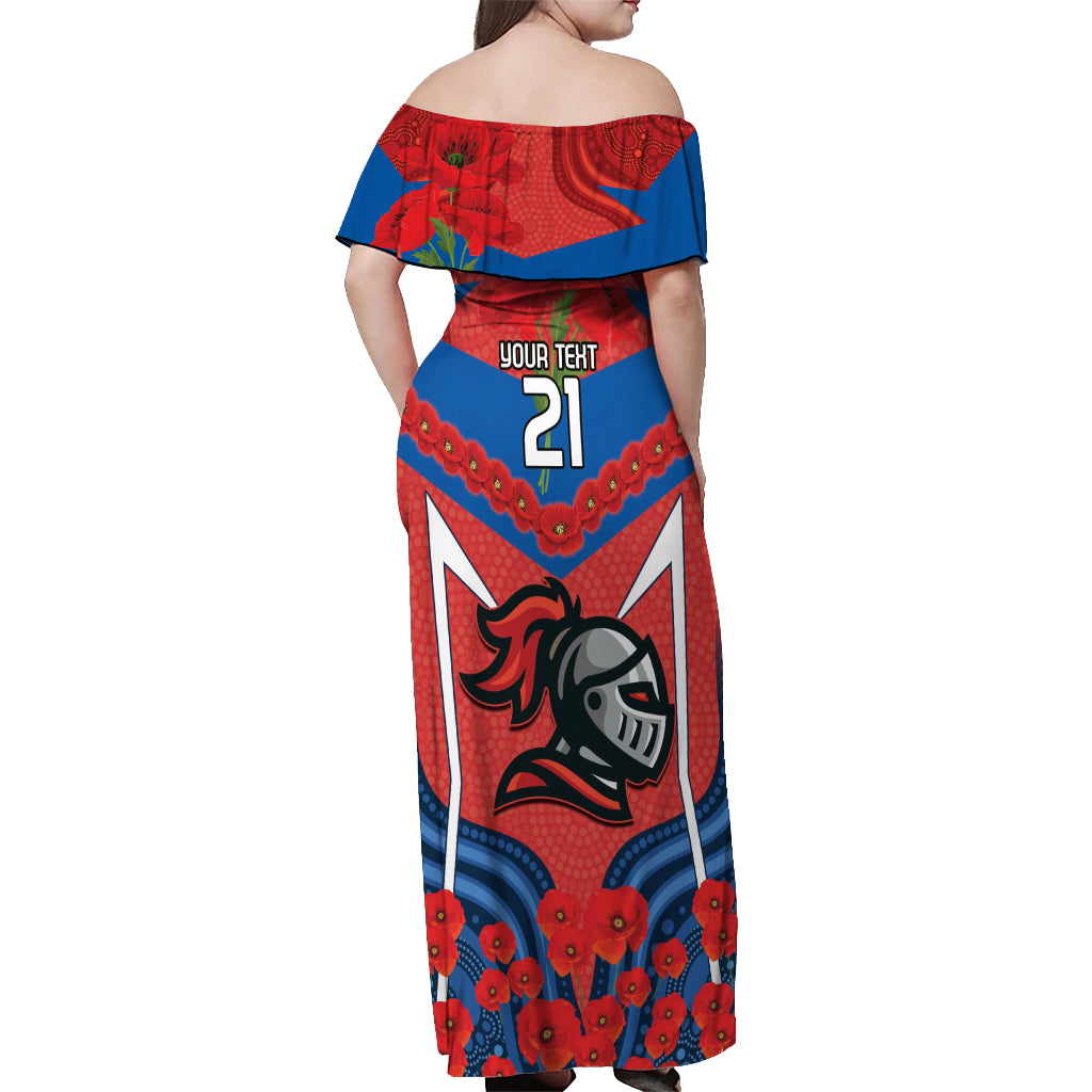 Custom Knights Rugby ANZAC Off Shoulder Maxi Dress Novocastrians Gallipoli Soldier With Aboriginal Art