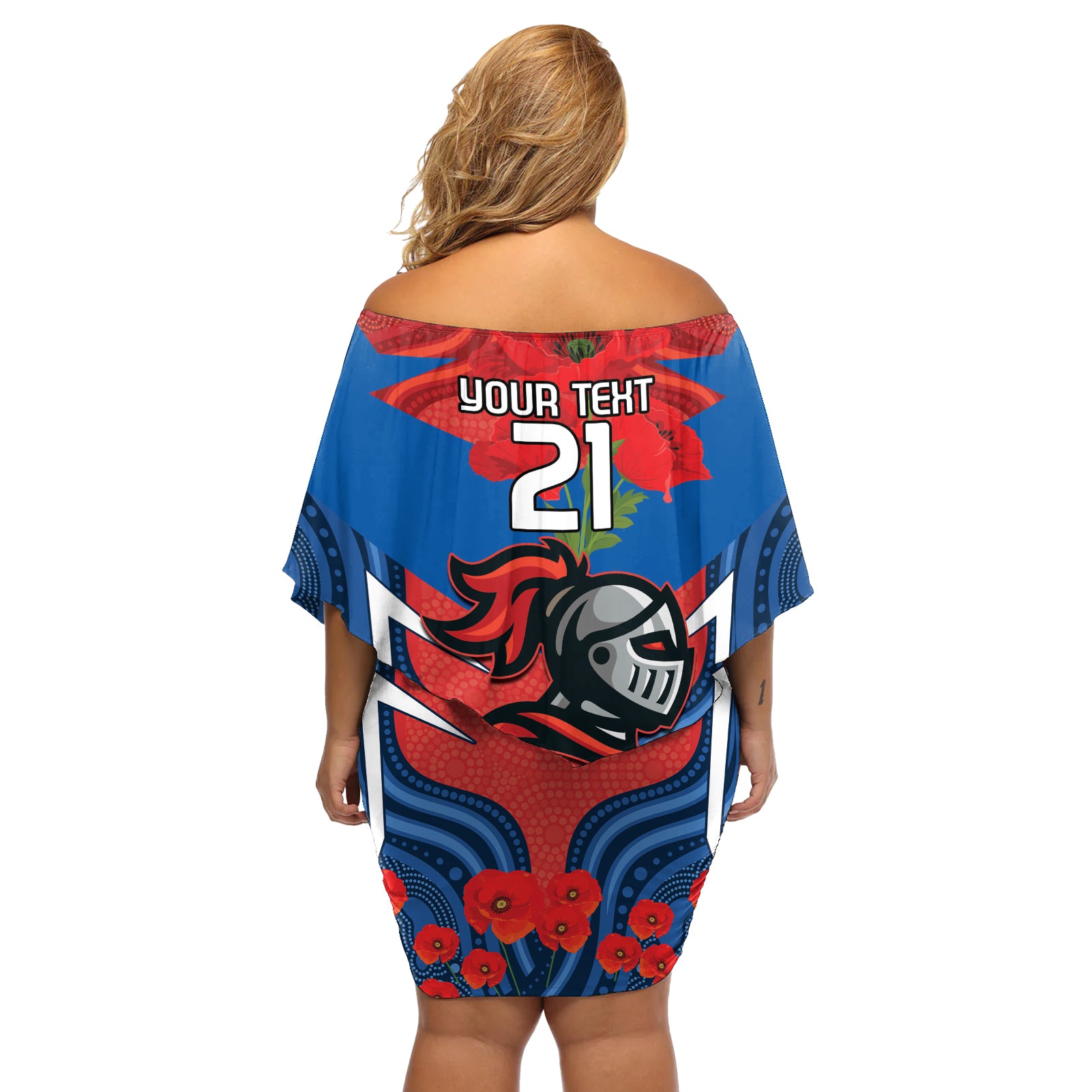 Custom Knights Rugby ANZAC Off Shoulder Short Dress Novocastrians Gallipoli Soldier With Aboriginal Art