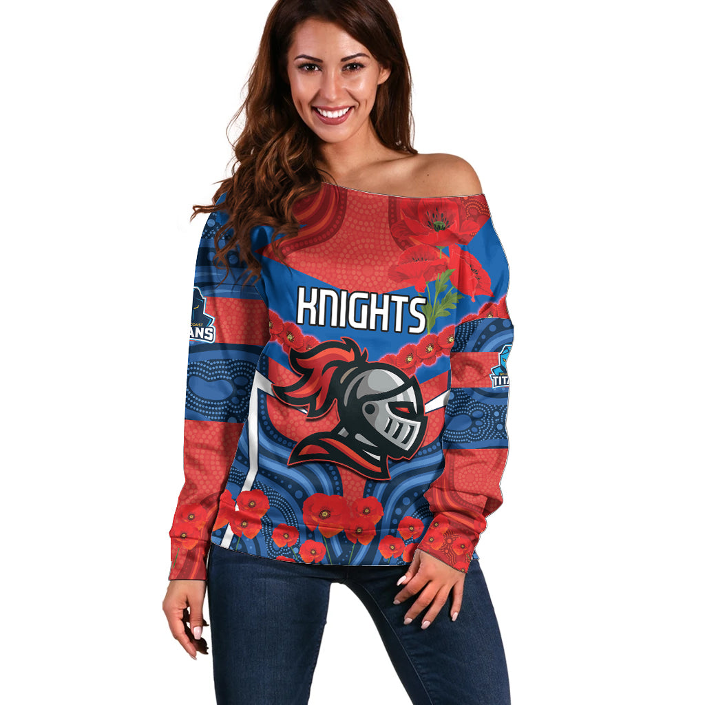 Custom Knights Rugby ANZAC Off Shoulder Sweater Novocastrians Gallipoli Soldier With Aboriginal Art