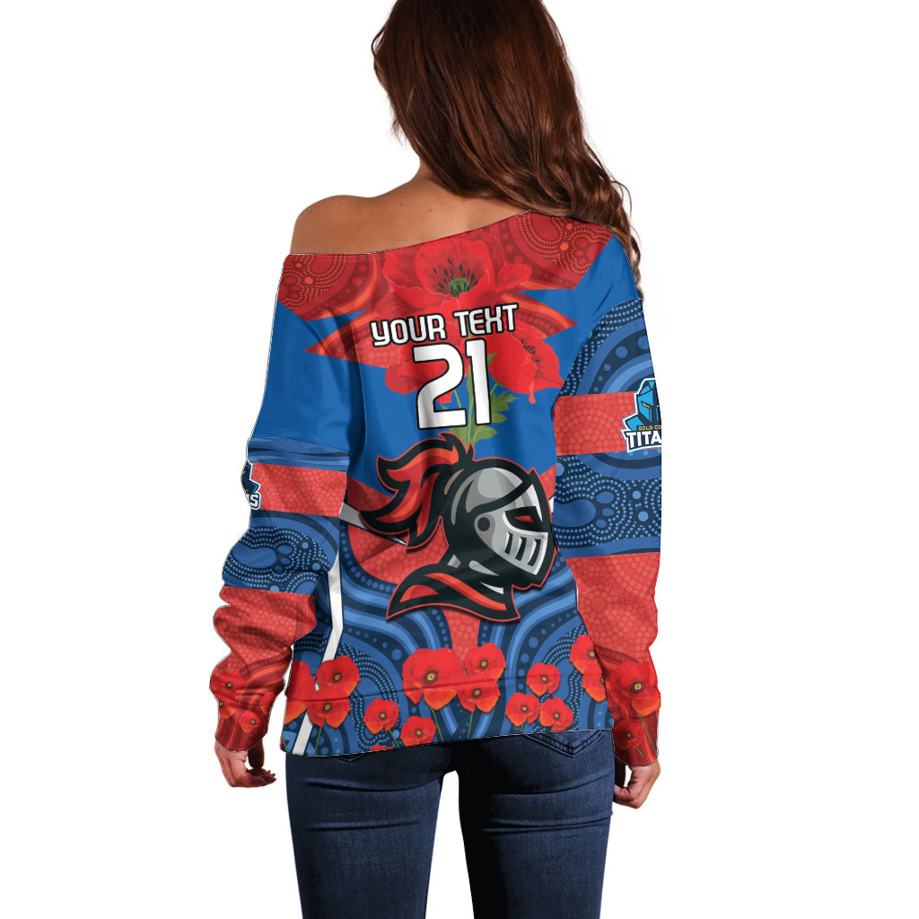 Custom Knights Rugby ANZAC Off Shoulder Sweater Novocastrians Gallipoli Soldier With Aboriginal Art